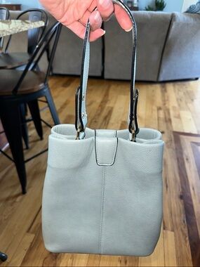 Joy Susan Light Blue Gray Pebbled Leather Bucket Bag with adjustable handle